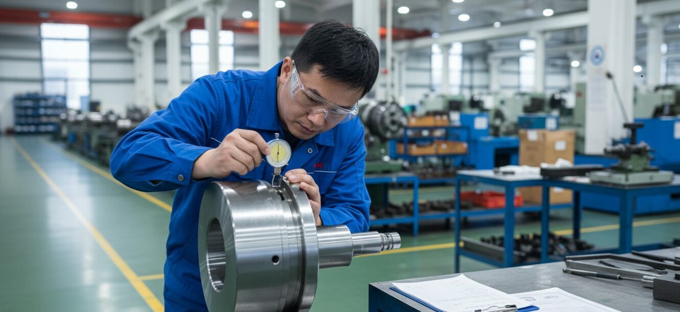 Kontrola jakości wrzeciona tokarki w chińskiej fabryce obrabiarek - pomiar czujnikiem zegarowym