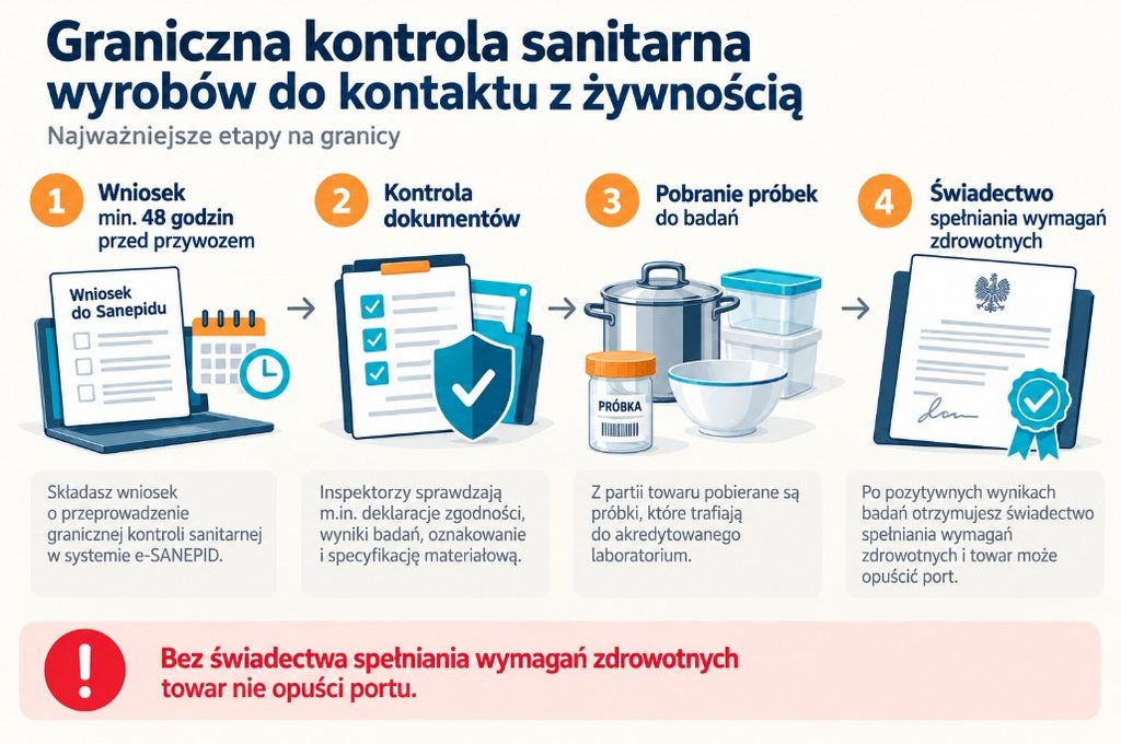 Etapy granicznej kontroli sanitarnej wyrobów do kontaktu z żywnością: wniosek 48 godzin przed przywozem, kontrola dokumentów, próbki, świadectwo